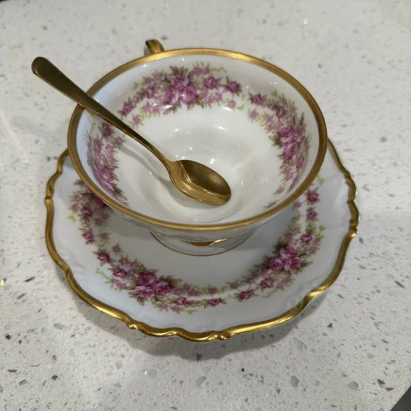 Floral Teacup and Saucer Set with Gold Trim - Picture 1 of 4